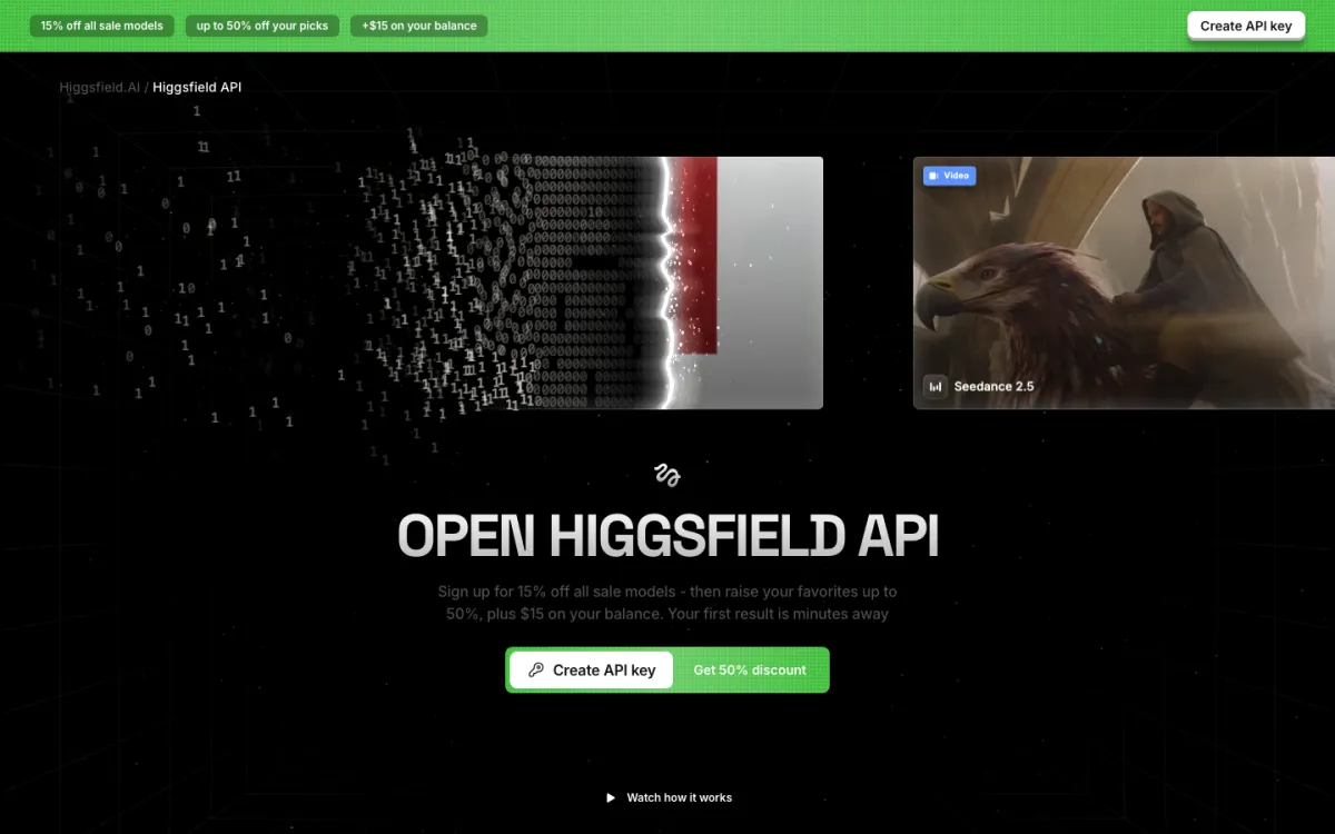 The Higgsfield API landing page