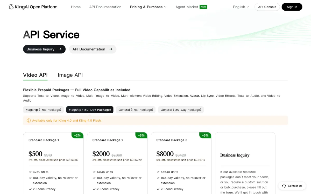 The KlingAI Open Platform pricing page, showing prepaid Kling 4.0 packages