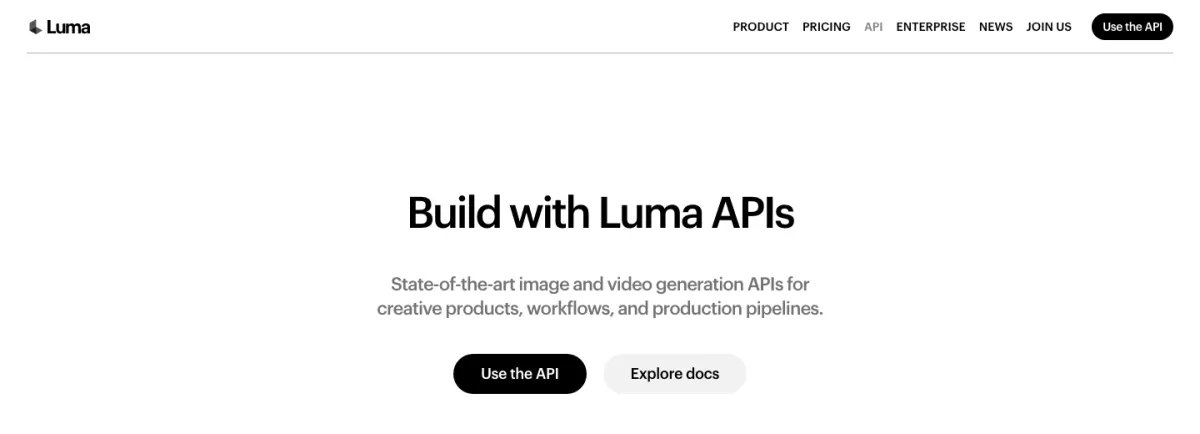 Luma's API page, "Build with Luma APIs"