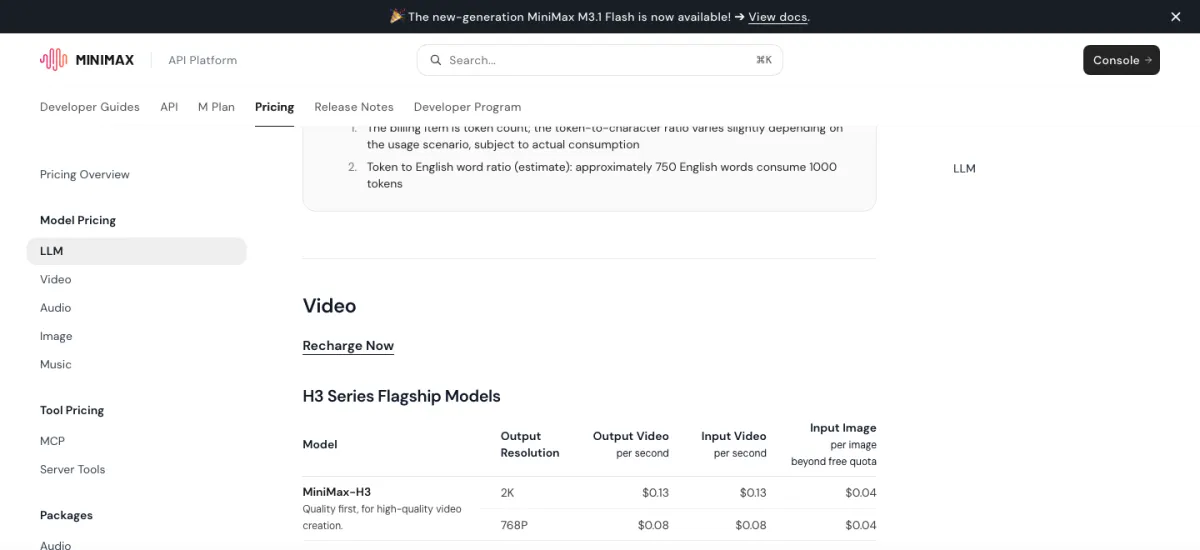 MiniMax's API pricing page, showing MiniMax-H3 per-second video prices