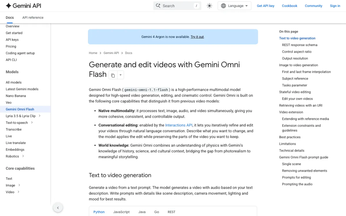 The Gemini API docs page "Generate and edit videos with Gemini Omni Flash"