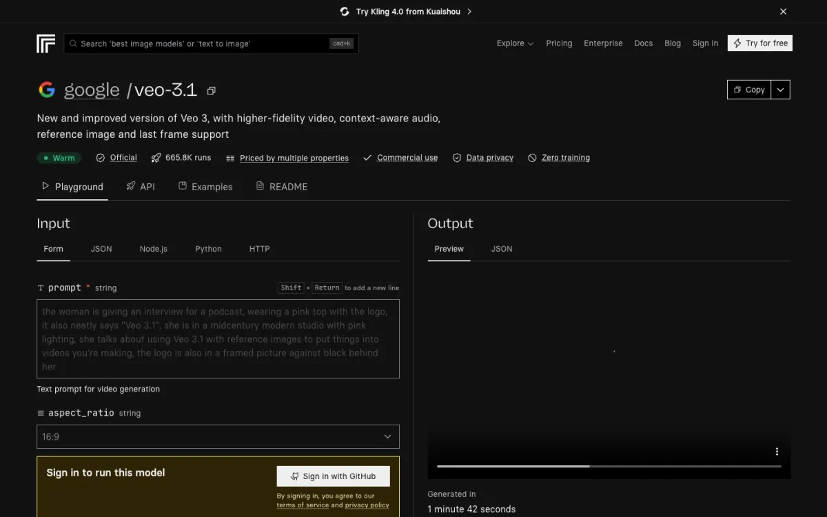 Replicate's model page for Google Veo 3.1