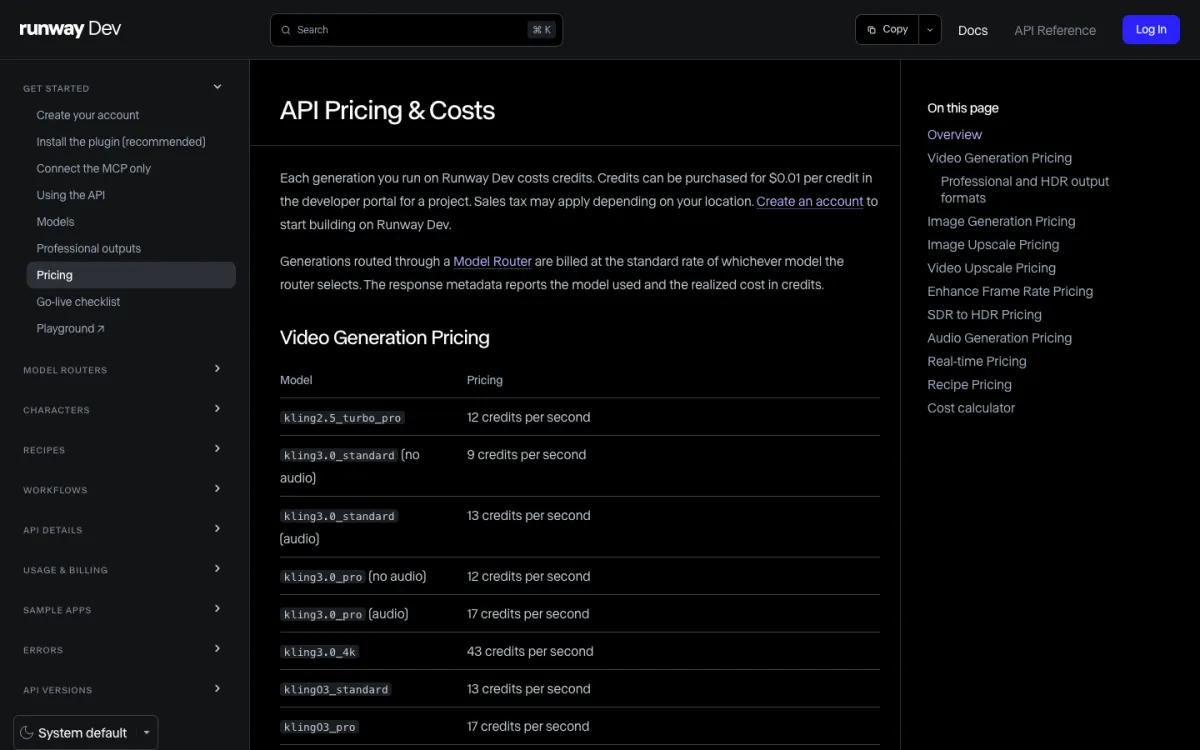 The Runway API pricing page, listing video models by credits per second