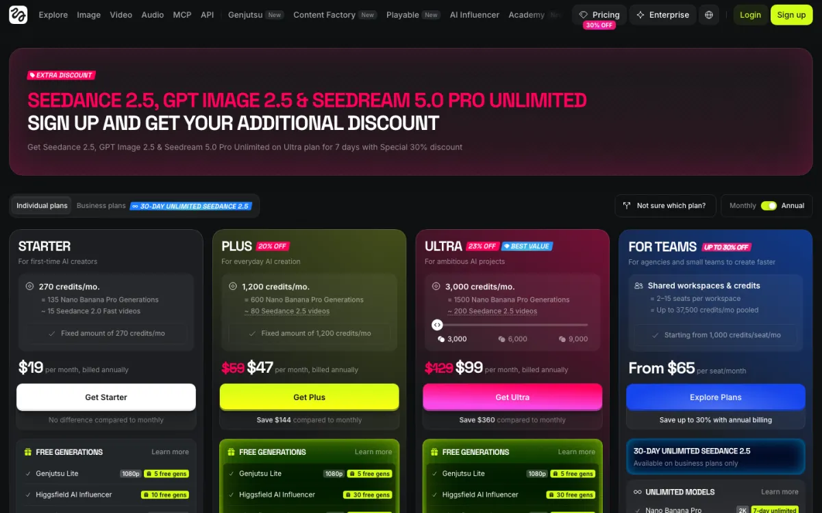 Higgsfield's pricing page, showing the Starter, Plus, Ultra, and Teams plans