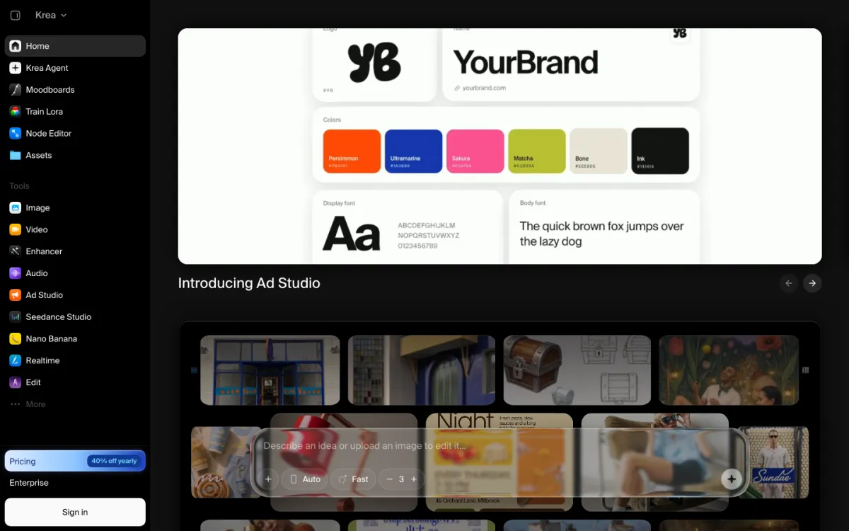 Krea's app home screen
