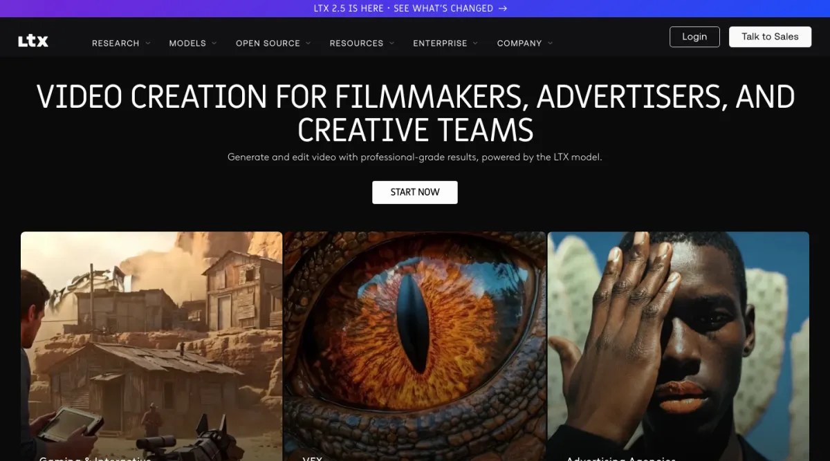 LTX's homepage, "Video creation for filmmakers, advertisers, and creative teams"