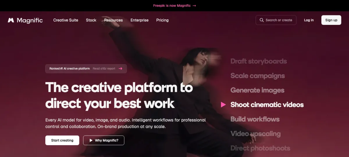 Magnific's homepage, noting that Freepik is now Magnific
