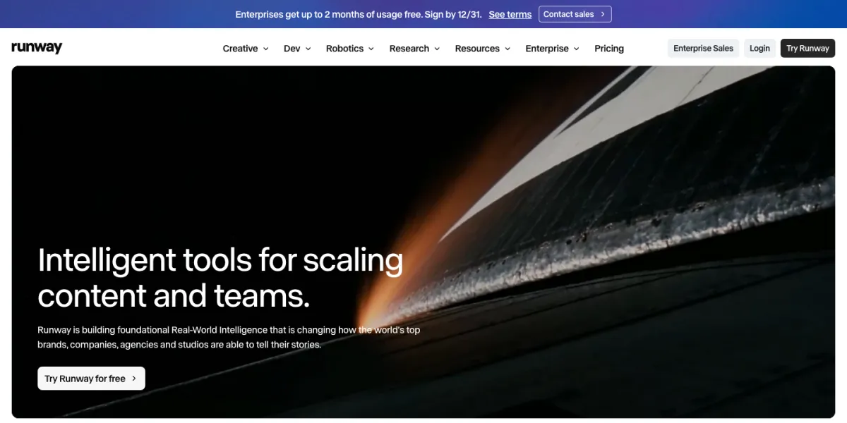 Runway's homepage, with the headline "Intelligent tools for scaling content and teams"